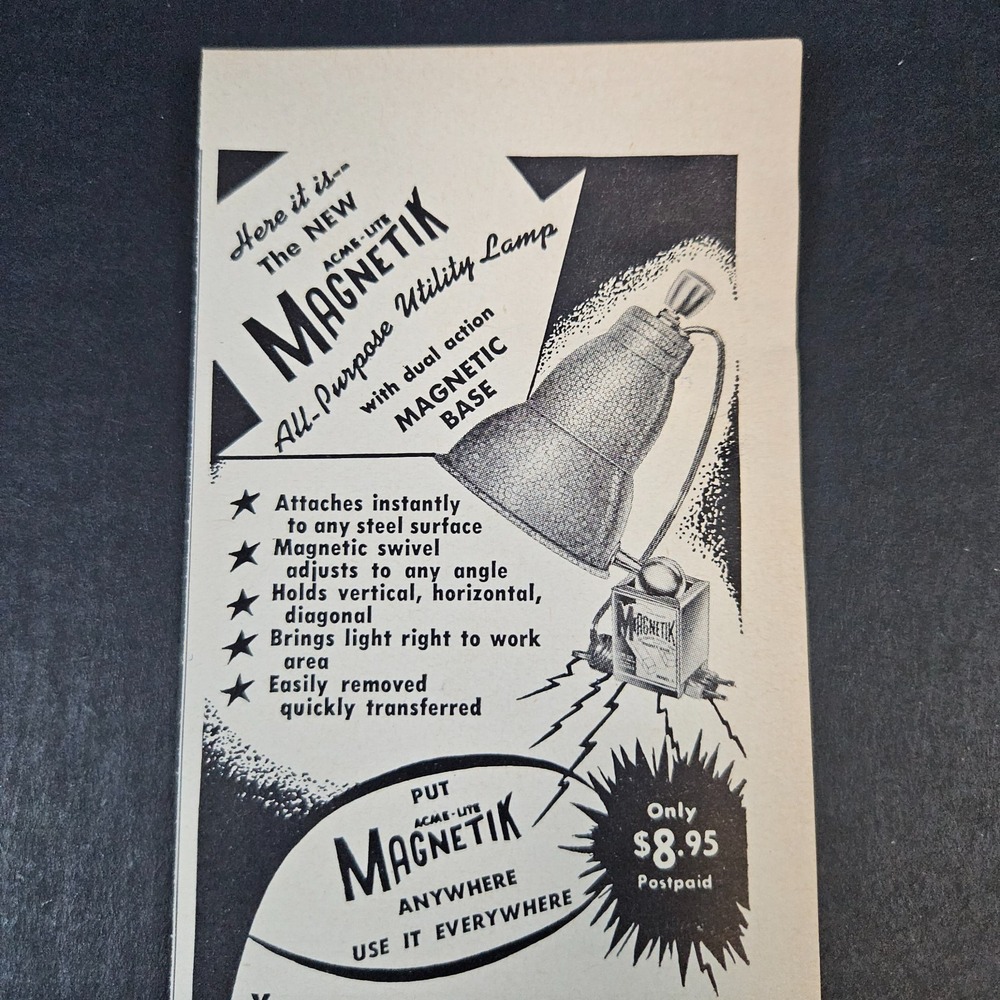 1952 Acme Lite Mfg Co Magnetik Utility Lamps Magnetic Base Vintage Print Ad